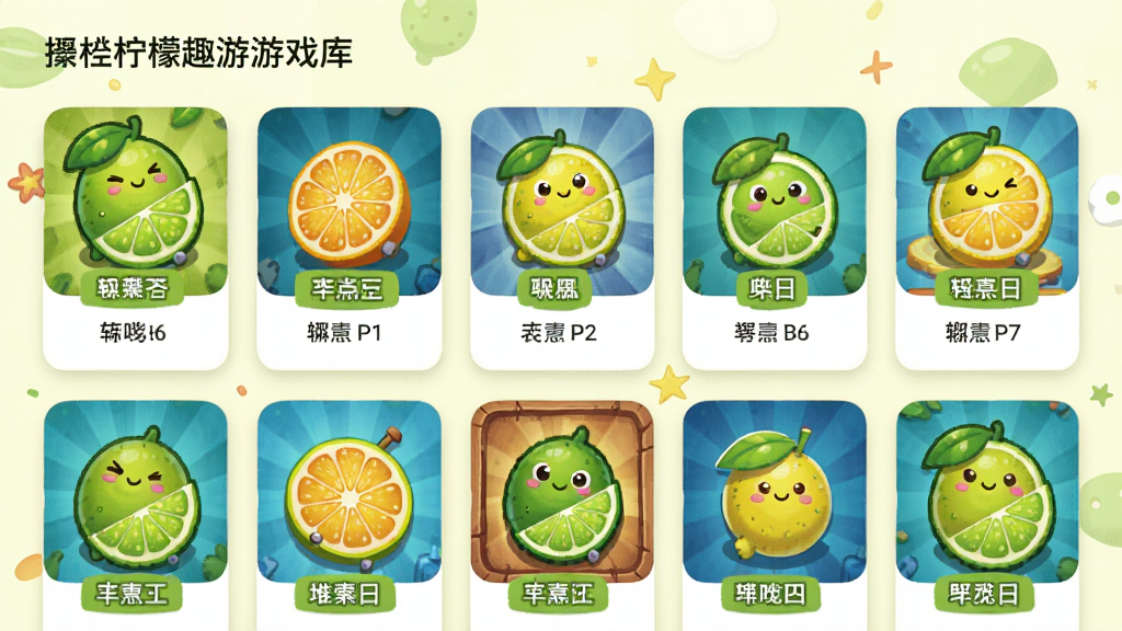 一张展示青柠趣游游戏库的界面图,画面中是整齐排列的多种休闲游戏封面卡片,卡片上标注游戏类型标签,背景为浅色系,布局清晰,风格活泼明快,细节精致,画质干净高清,无多余元素