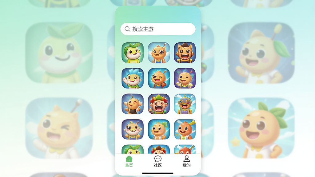 一张手机应用界面展示图,画面中央是青柠趣游主界面,顶部有搜索栏,中间是彩色游戏图标网格排列,底部导航栏包含首页、社区、我的三个标签,背景为淡青色与白色渐变,风格清新简约,细节清晰,画质干净高清,无多余元素
