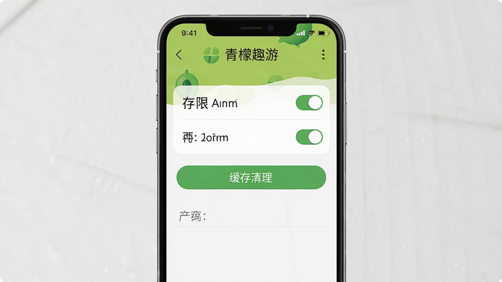 一张手机屏幕展示青柠趣游设置与权限管理界面的示意图,画面中包含存储权限开关、缓存清理按钮等元素,界面风格简洁,配色清爽,细节清晰,画质干净高清,无多余元素