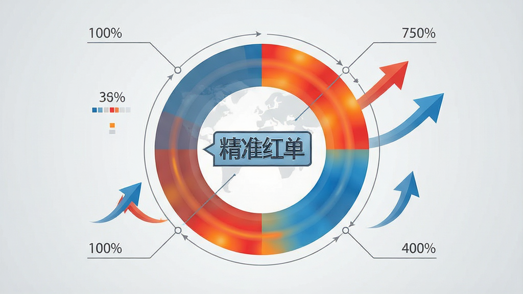 一张信息图风格的画面,中央为“精准红单”字样的小型标识,四周环绕环形图、热力色块与上升箭头,背景为浅灰渐变,布局为居中放射状排版,风格为简洁商务信息图,细节包含细线连接、百分比数字、红橙蓝配色,画质干净清晰,无多余装饰