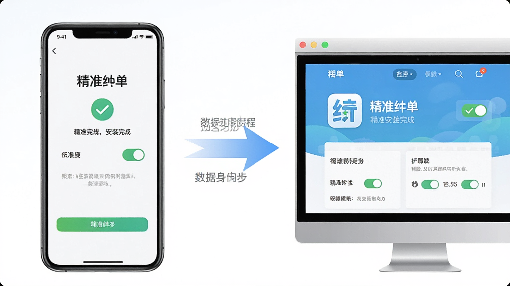 手机与电脑模拟器同屏对比示意图,左侧手机显示“精准红单”安装完成界面,右侧电脑模拟器窗口显示同一应用首页,中间用箭头连接表示数据同步,布局为左右对照排版,风格为简洁教程插图,细节包含勾选图标、权限开关示意、灰色说明文字,画质清晰,干净无杂乱元素