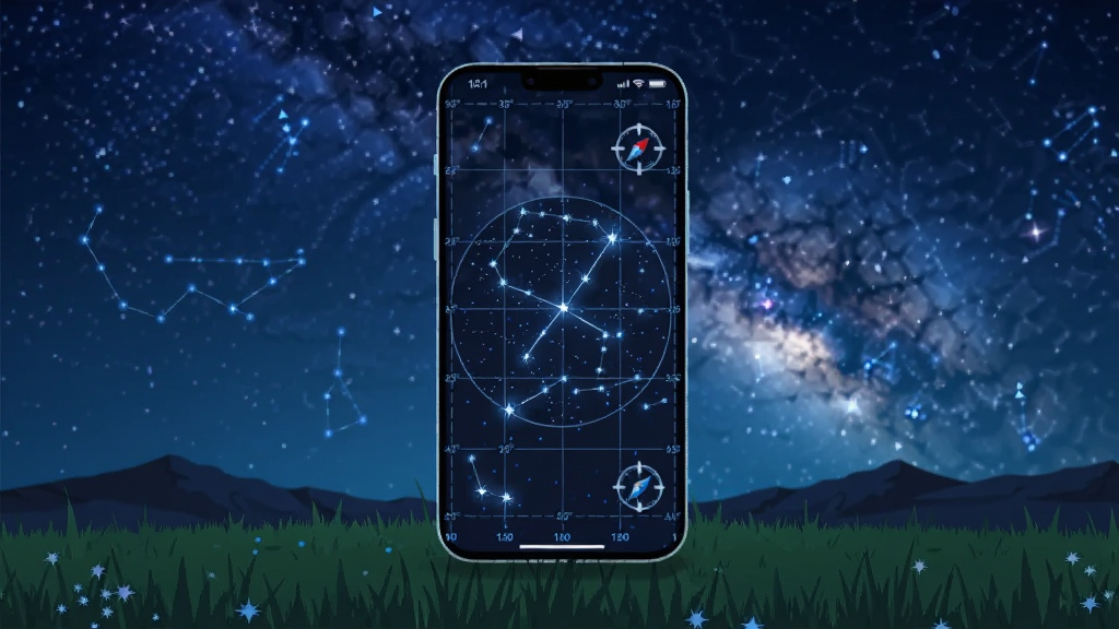 画面主体为一部智能手机,屏幕上显示着深蓝色调的星空地图与坐标网格,手机悬浮在草地与夜空之间,背景是璀璨银河与远处山脉轮廓,布局采用中心对称构图,风格为科技感扁平插画,细节包含发光的星座连线、经纬度数字与指南针图标,画质高清,画面干净,无多余元素
