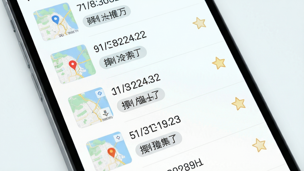 画面主体为手机屏幕特写,显示坐标记录列表界面,每条记录包含经纬度数字与自定义标签,布局为纵向列表式,风格为清新浅色UI设计,细节包含地图缩略图与收藏星标图标,画质高清,画面干净,无多余元素