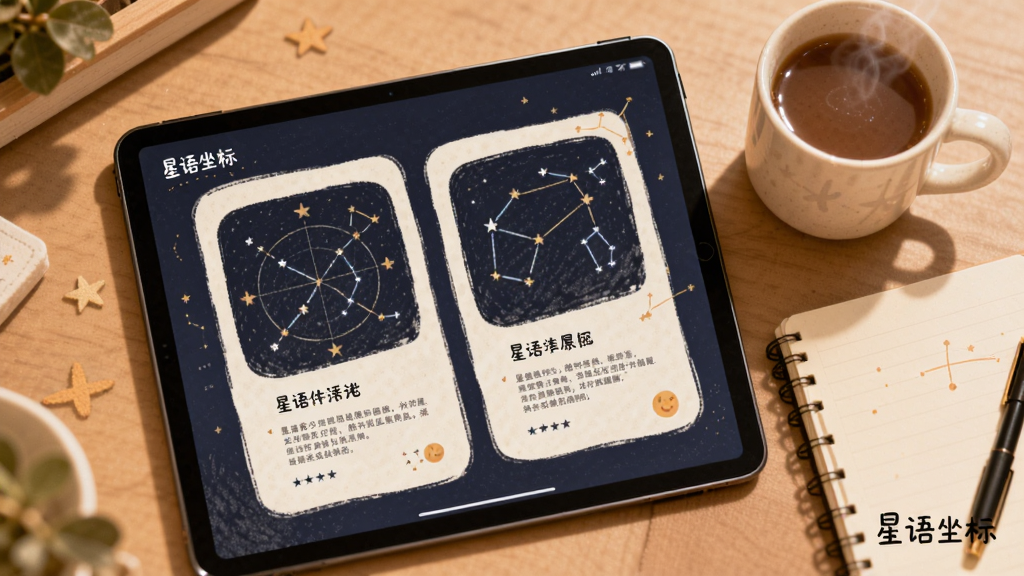 画面主体为平板电脑显示星座知识卡片,卡片上有星座插画与文字介绍,旁边放置一杯热饮与笔记本,布局为桌面俯视角度,风格为温暖手绘风,细节包含星座连线图与“星语坐标”字样水印,画质柔和,画面干净,无多余元素