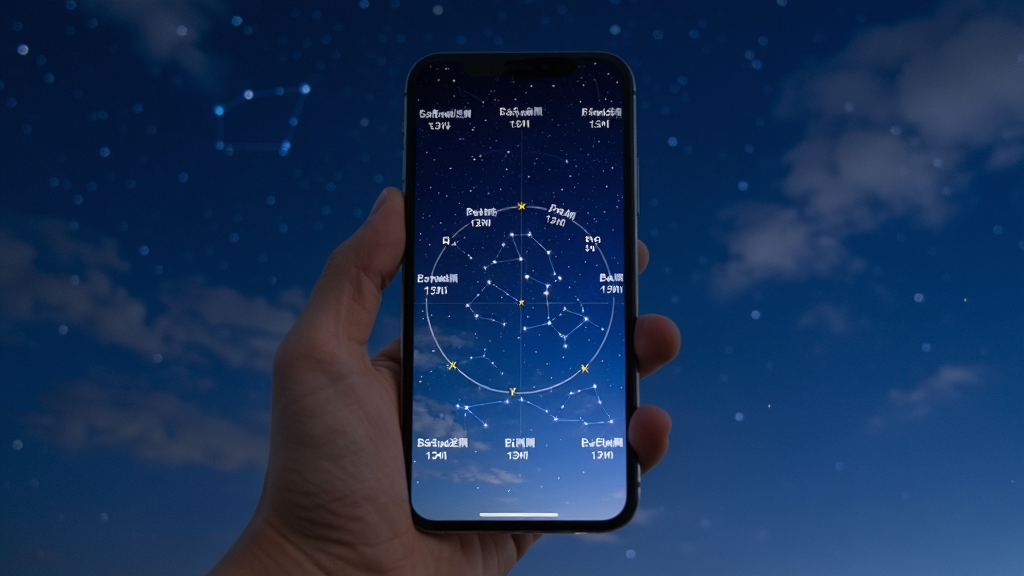 画面主体为一只手握持手机对准夜空,手机屏幕中显示增强现实星图叠加在真实星空上,布局为第一人称视角,风格为写实科技风,细节包含屏幕中标注的星座名称与方位角度数,背景为深蓝夜空与稀疏云层,画质清晰,画面干净,无多余元素