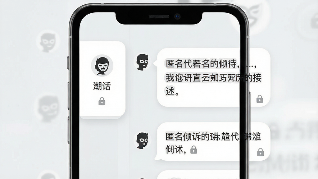 一张匿名倾诉功能的界面示意图,主体为手机屏幕内显示匿名代号头像与文字气泡,布局为左右分栏,左侧为匿名身份卡片,右侧为倾诉文字流,排版简洁,风格为柔和圆角卡片设计,细节包括面具小图标、锁形标识、浅灰底色,画质清晰,画面干净,无多余元素,图中带有“潮话”字样