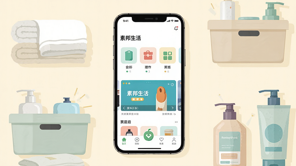 画面中央是一部竖屏智能手机,屏幕内展示“素邦生活”应用首页界面,包含商品分类图标、轮播横幅与底部导航栏,手机周围环绕日用百货商品如毛巾、收纳盒、洗护用品等元素,整体采用浅色系扁平化插画风格,布局清晰整洁,细节丰富,画质干净高清,无多余装饰元素