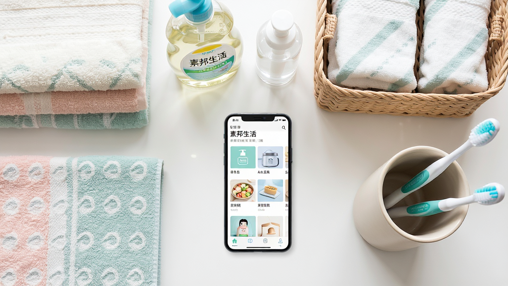 一张俯视视角的桌面平铺构图,画面中整齐摆放毛巾、洗洁精、收纳篮、牙刷杯等日用品,中间放置一部显示“素邦生活”分类页面的手机,整体风格清新明亮,色彩柔和,布局均衡,细节精致,画质干净清晰,无杂乱元素