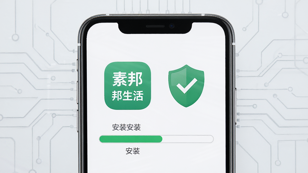 画面展示一部手机屏幕出现“素邦生活”应用图标与安装进度条,旁边配有盾牌与对勾图标象征安全安装,背景为浅灰色科技感线条,整体风格简洁商务,布局居中对称,细节清晰,画质干净高清,无多余装饰