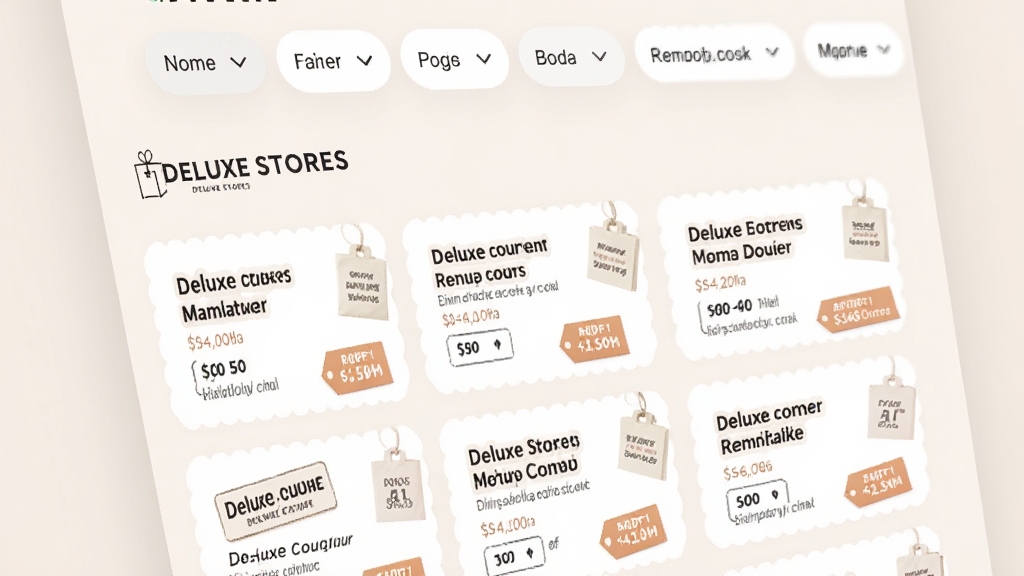 ��Deluxe Stores���Ż���Ϣҳ�棬��Ļ��չʾ�����Ż�ȯ��Ƭ���ۿ۱�ǩ�������з���ɸѡ��������Ϊ���Բ�ǿ�Ƭ��ƣ������ˬ���ţ�ϸ�����������ʸɾ����޶���Ԫ��