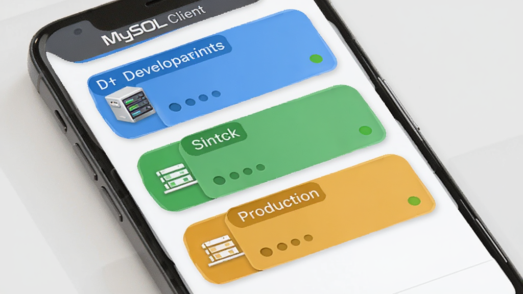 一部智能手机屏幕显示MySQL Client的多环境连接列表界面,画面中并列排列着三个彩色标签的连接卡片,分别标注开发、测试、生产字样,每张卡片上有主机图标与状态圆点,背景为浅灰色工作区,风格简洁商务,细节包括细腻的阴影与圆角卡片设计,画质清晰,画面干净无多余元素