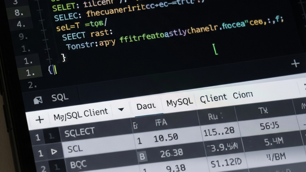 手机屏幕特写展示MySQL Client的SQL编辑器界面,上半部分是深色背景的代码编辑区,可见SELECT语句与高亮的关键字,下半部分是查询结果表格,表头为浅色底深色字,数据行交替变色,整体布局上下分栏,风格为开发者工具暗色主题,细节包括光标闪烁效果与行号标识,画质锐利,画面干净无多余元素