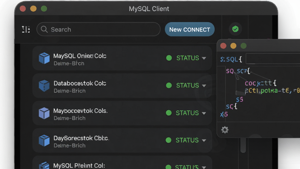 一张展示MySQL Client软件界面的手机屏幕截图,画面中央是深色主题的数据库连接管理面板,列表显示多个数据库连接条目与状态指示灯,顶部有搜索栏与新建连接按钮,右侧悬浮着SQL查询窗口的局部预览,整体布局清晰紧凑,风格为现代科技感扁平化设计,细节包括精细的图标与流畅的卡片圆角,画质高清,画面干净无多余元素