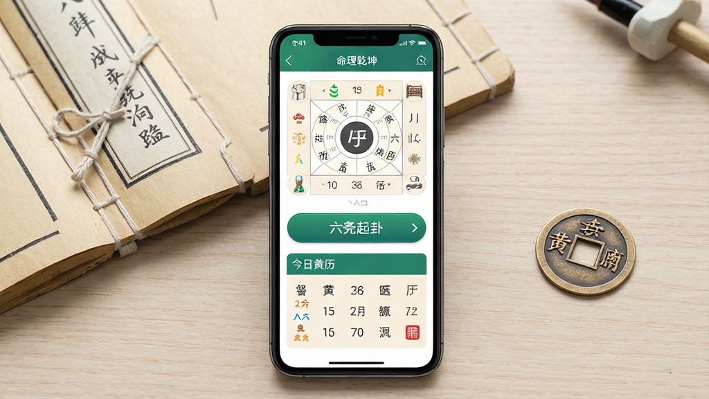 一张手机应用界面展示图,主体为一部竖屏智能手机,屏幕内显示命理乾坤软件的主界面,包含八字排盘入口、六爻起卦按钮和今日黄历模块;布局上手机居中放置,背景为浅色木质桌面,旁边点缀一本翻开的线装书和一枚铜钱;风格为写实产品展示风,细节上屏幕内容清晰可辨,图标排列整齐,光线柔和自然;画质高清,画面干净,无多余元素。
