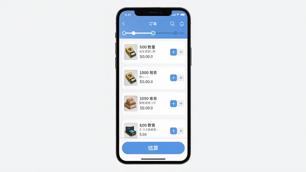 手机界面展示购物车清单与订单配送进度条,商品条目带有缩略图和数量加减按钮,页面下方是结算按钮,布局为上下结构,风格为扁平化应用界面示意,细节包含进度节点与时间提示,画质干净,无多余元素