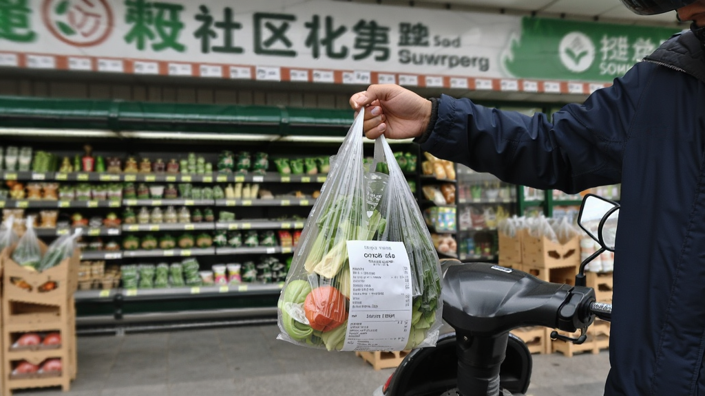 一位骑手从社区超市门口取走打包好的生鲜袋,背景是整齐的货架与门店招牌,画面主体突出配送场景,布局为横向构图,风格写实生活化,细节包含蔬菜袋与订单小票,画质清晰,干净,无多余元素