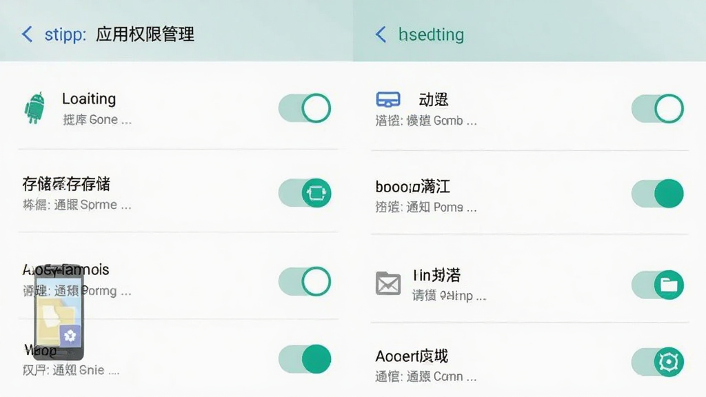 手机设置界面中应用权限管理页面,展示定位、存储、通知等权限开关,旁边有安卓手机与文件管理图标,布局为左右对照展示,风格为系统设置界面示意,细节包含权限开关状态,画质干净,无多余元素