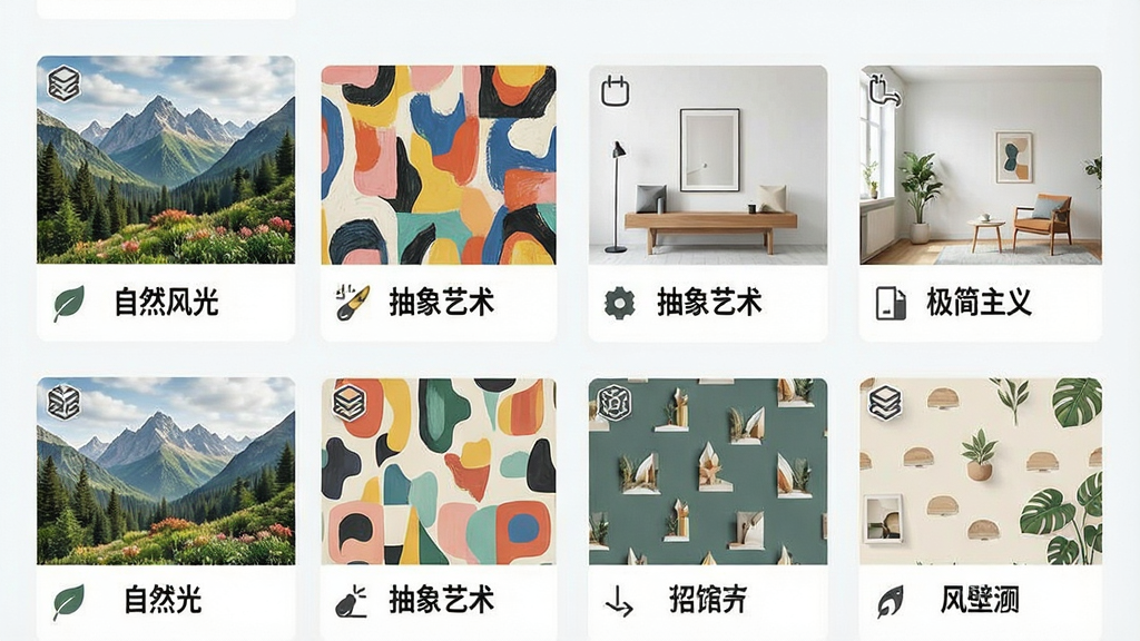 一幅展示壁间彩壁纸库分类页面的效果图,画面以网格形式呈现多个壁纸分类入口,每个入口配有一张代表性壁纸缩略图和分类名称,如“自然风光”“抽象艺术”“极简主义”等,布局采用两列或三列瀑布流,风格清新明快,细节上分类图标精致、缩略图清晰,整体画质干净明亮,无杂乱元素