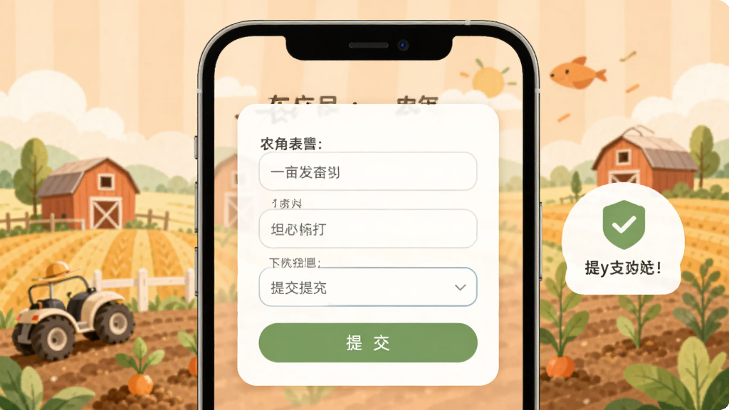 一亩农产品农资信息发布页面,手机屏幕内显示发布表单与填写字段,旁边有提交按钮与成功提示图标,背景为浅橙色田园插画,布局为居中卡片式,风格为柔和圆角扁平风,细节包括输入框与按钮,画质清晰,干净,无多余元素