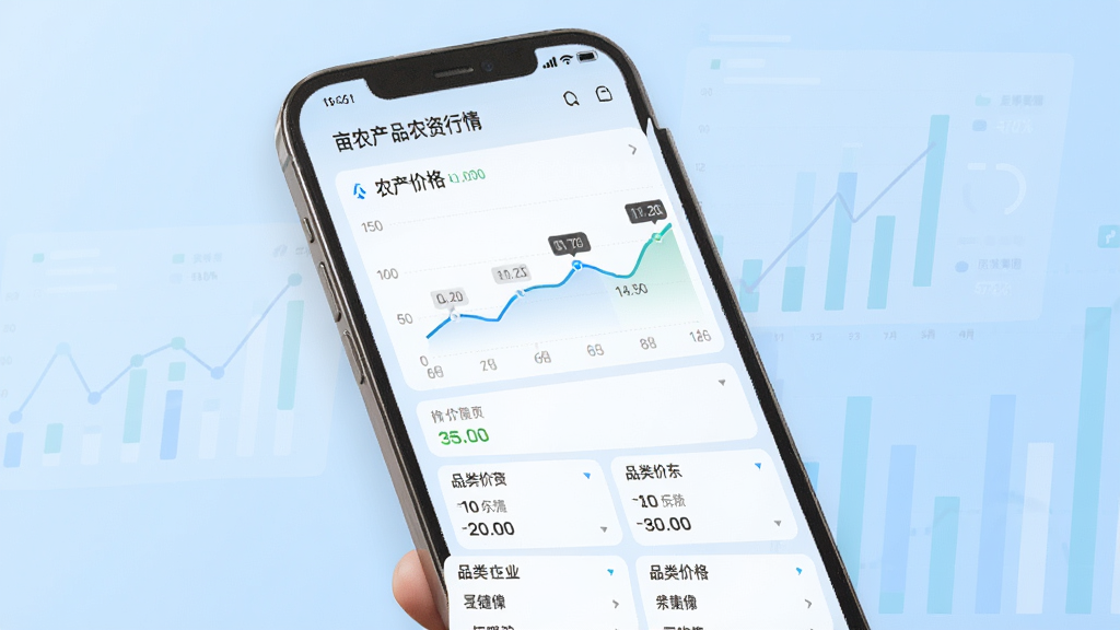 一亩农产品农资行情页面展示,手机屏幕内呈现农产品价格走势折线图与品类价格列表,背景为浅蓝色渐变与数据图表元素,布局为上下结构,风格为科技简约数据风,细节包括折线、数值标签与品类名称,画质清晰,干净,无多余元素