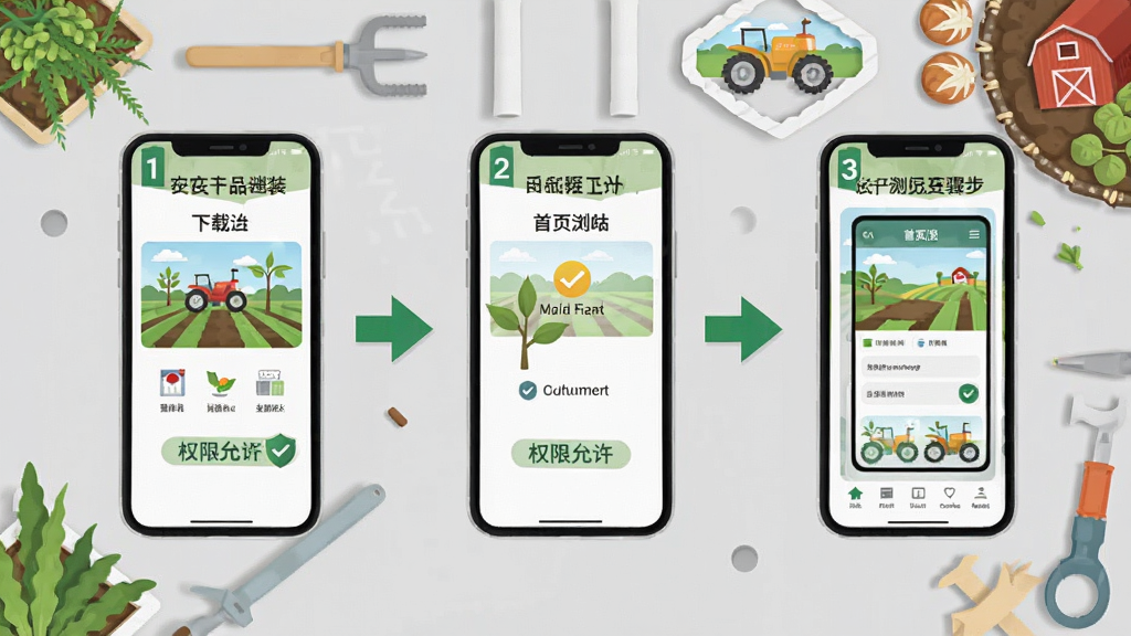 一亩农产品农资安装使用步骤示意图,画面为手机屏幕分步展示下载安装、权限允许、首页浏览三个环节,背景为浅灰色工作台与田园元素点缀,布局为横向三格排列,风格为教程图解扁平风,细节包括步骤序号与箭头指示,画质清晰,干净,无多余元素