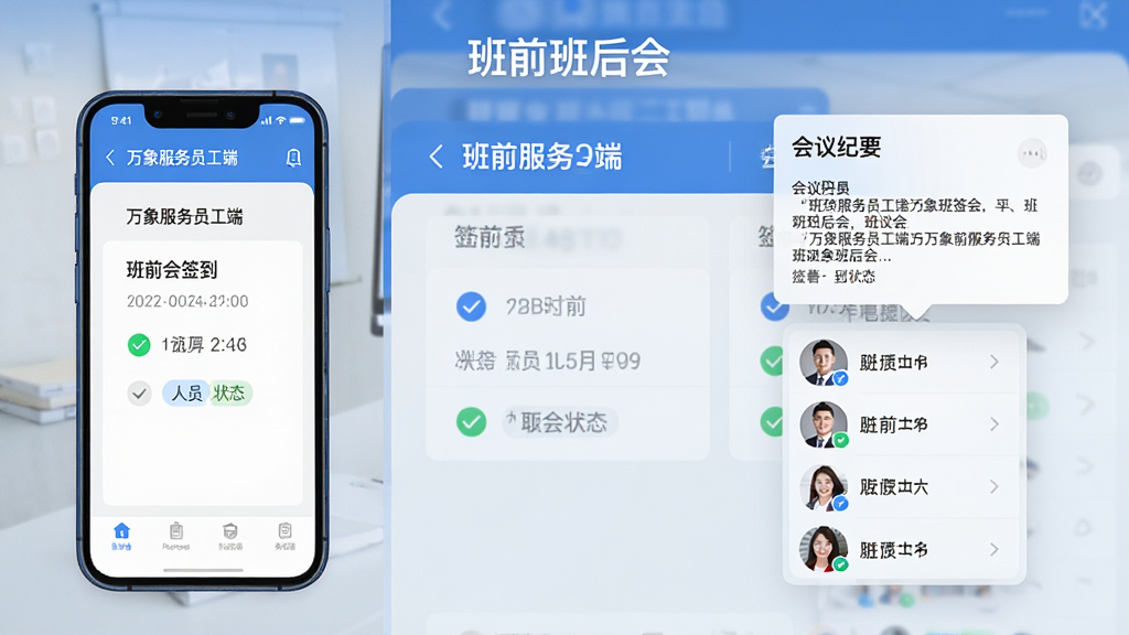 主体为一张横向展开的数字化会议签到界面,画面左侧为手机屏幕显示“万象服务员工端”班前会签到页面,右侧为悬浮的会议纪要卡片与签到人员头像列表;布局为左右分栏、信息层级分明;排版上标题“班前班后会”置于顶部居中;风格为清爽的商务信息图风格,配色以蓝白灰为主;细节包含勾选标记、时间戳、人员状态标签;画质高清,画面干净整洁,无多余装饰元素