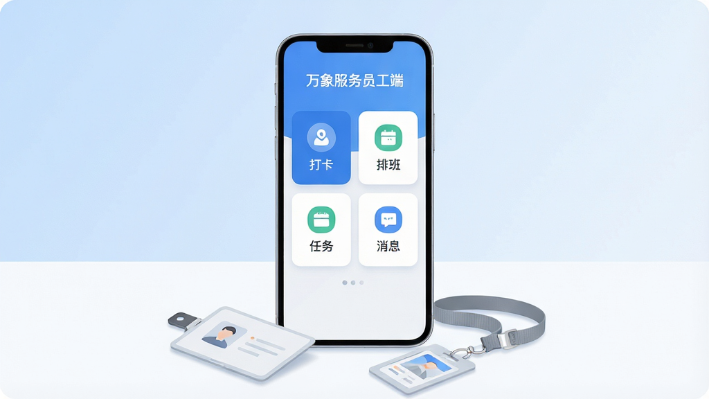 主体为一部竖向放置的智能手机,屏幕中央展示“万象服务员工端”应用主界面,包含打卡、排班、任务、消息四个功能入口卡片;布局采用居中对称构图,手机下方放置浅灰色工作证与工牌挂绳作为点缀;排版简洁清晰,背景为浅蓝到白色的柔和渐变;风格为现代扁平化商务插画,线条干净;细节上屏幕内图标圆润、文字清晰、工牌上有轻微光影;画质为高清2K,画面干净,无多余元素