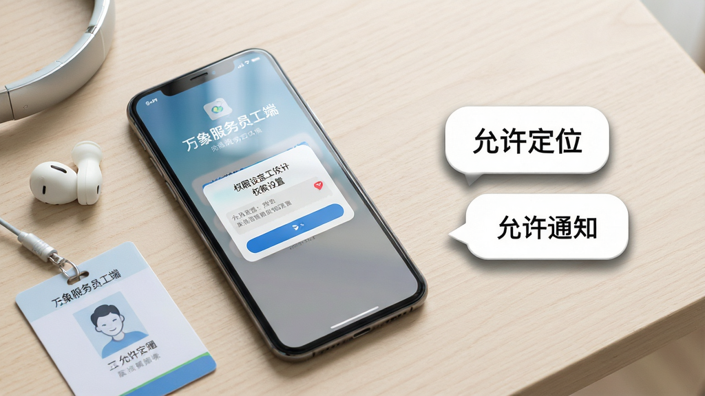 主体为一部手机平放在浅色桌面上,屏幕显示“万象服务员工端”登录界面与权限设置弹窗,手机旁边放置一副耳机和一张工号卡;布局为俯拍视角、手机居中偏左、右侧留白放置提示气泡;排版上气泡内写有“允许定位”“允许通知”字样;风格为清新浅色系数码产品场景图,光线柔和;细节包含屏幕反光、桌面木纹、气泡阴影;画质高清,画面干净,无多余元素