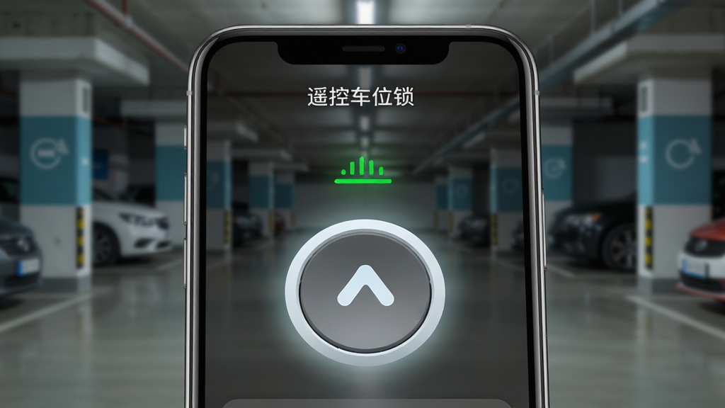 一部智能手机屏幕显示“遥控车位锁”应用的控制界面,画面中央为醒目的圆形升降按钮,按钮上方显示车位锁已降下的绿色状态标识,背景为地下停车场环境虚化处理,风格为写实科技风,细节包含手机金属边框、屏幕高光反射、按钮周围的光晕效果,画质清晰,干净,无多余元素