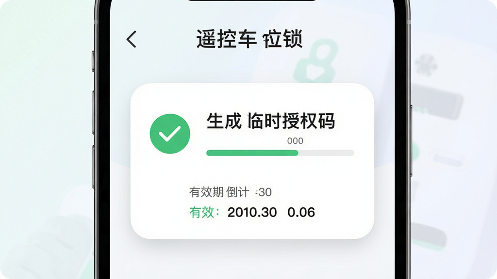 手机屏幕展示“遥控车位锁”应用的授权分享界面,画面中包含一个生成好的临时授权码卡片与有效期倒计时显示,背景为简洁的浅色渐变,风格为清新扁平化设计,细节包含授权卡片圆角矩形、绿色对勾图标、时间进度条、细腻的阴影层次,画质高清,干净,无多余元素