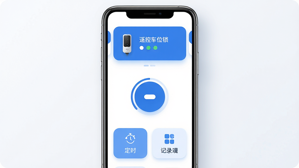 一款名为“遥控车位锁”的手机应用界面展示图,主体为居中竖屏排列的智能手机,屏幕显示车位锁控制主界面,上方为车位锁状态卡片,中间为圆形升降控制按钮,下方为定时与记录功能入口,布局简洁清晰,风格为现代科技感扁平化设计,细节包含蓝色主色调、白色背景、圆角图标、柔和阴影,画质高清,干净,无多余元素