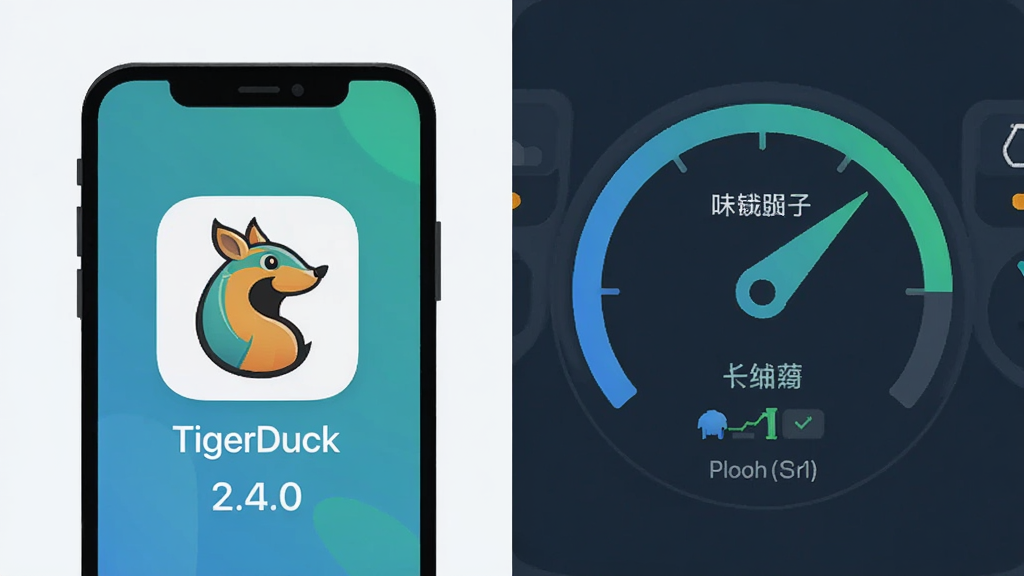 一张表现TigerDuck轻量特性的概念图,画面左侧是一部手机显示TigerDuck图标和“2.4.0”版本号,右侧用简洁的仪表盘图形表现低内存占用和流畅运行状态,风格为科技感扁平插画,配色蓝绿相间,布局左右对称,画质清晰干净