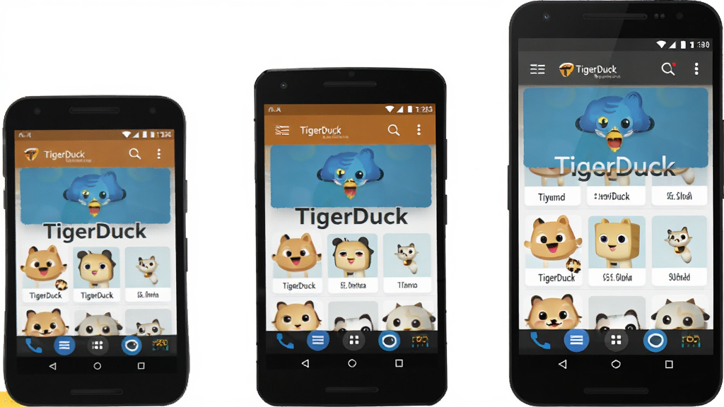 一张展示TigerDuck多机型适配的示意图,画面中并排摆放三台不同尺寸的安卓手机,屏幕内均显示TigerDuck的界面布局,风格为简洁的产品展示插画,背景为纯白色,细节突出屏幕适配效果,画质高清无杂乱元素