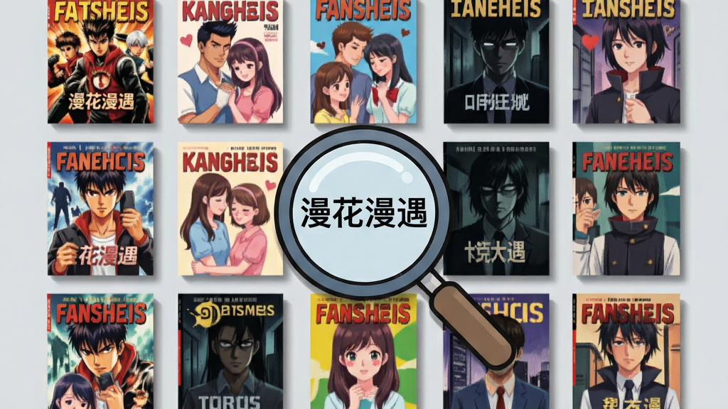 画面主体为一面由多个彩色漫画封面拼成的网格墙,每格封面风格各异,涵盖热血、恋爱、悬疑等题材;布局为居中对称的九宫格延伸至满屏,网格墙前方悬浮一个放大镜图标;风格为明快扁平插画风;细节上每格封面边缘有细微阴影,放大镜镜片内显示“漫花漫遇”字样,背景为浅灰色;画质清晰,干净无多余元素