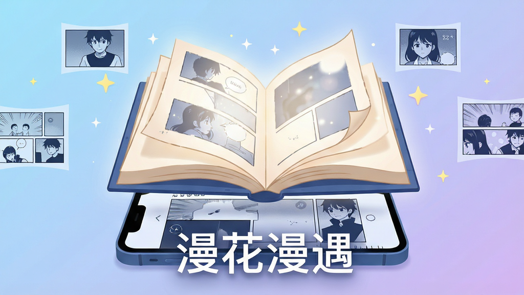 画面主体为一本展开的电子漫画书悬浮在手机屏幕上方,手机居中放置于画面下半部分,书页向两侧舒展并散发柔光,周围点缀若干漫画分格小图与星星光点;布局采用上轻下重的对称构图,背景为浅蓝到淡紫的渐变;风格为现代扁平插画风,线条干净利落;细节上手机屏幕内显示漫画阅读界面,书页边缘有轻微卷角质感,画面中下部用白色无衬线字体写出“漫花漫遇”四个字;画质清晰锐利,整体干净无多余元素