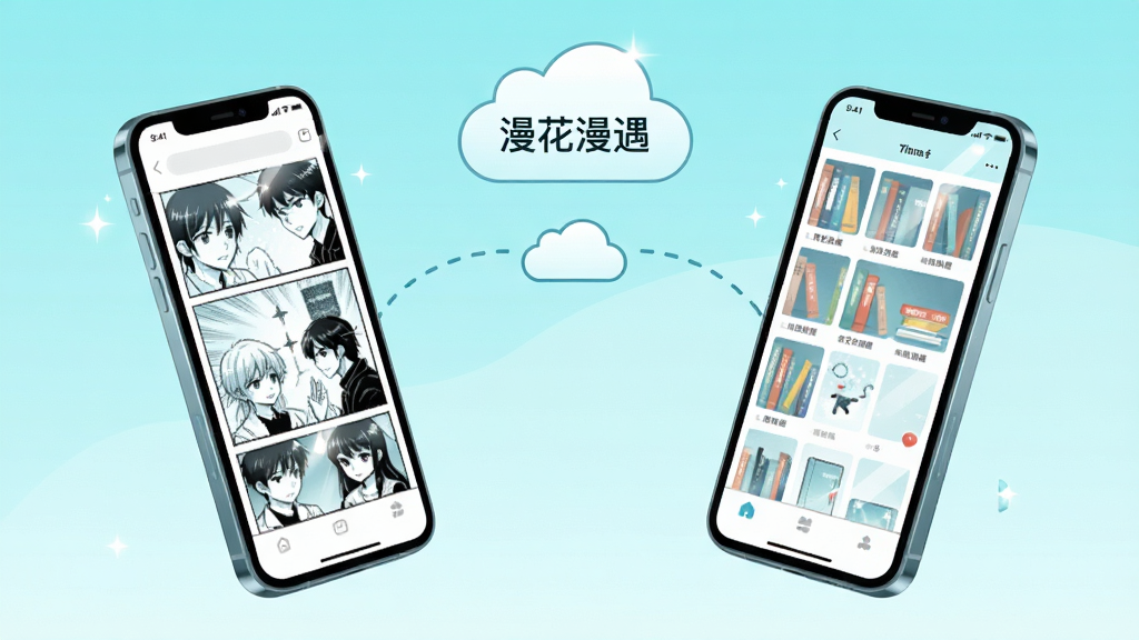 画面主体为两部手机并排悬浮,左侧手机显示漫画阅读页,右侧手机显示书架列表,两机之间用一条弧形虚线连接并带有云朵图标;布局为左右对称,云朵位于画面中上方;风格为清爽科技插画风;细节上云朵内部写有“漫花漫遇”小字,手机屏幕有轻微高光反射,背景为浅青色渐变;画质干净清晰,无多余元素