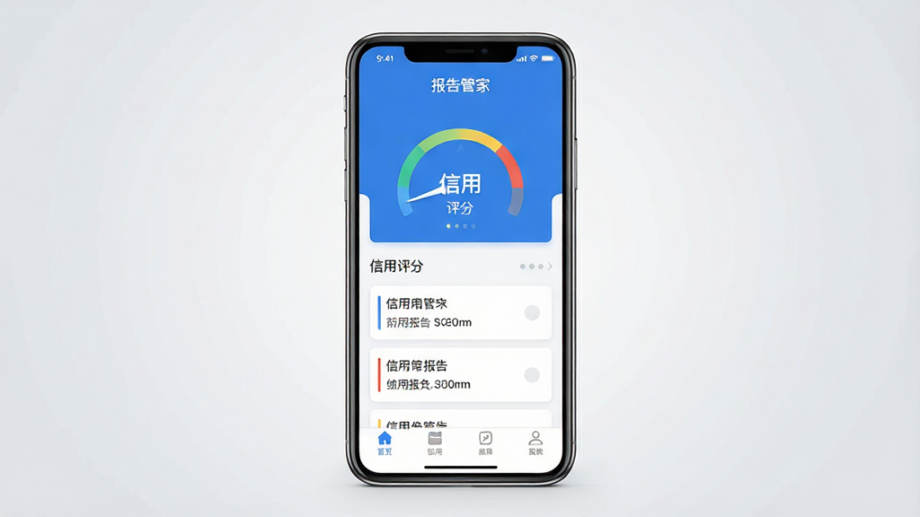 一张手机屏幕展示信用报告查询APP界面的产品展示图,画面中央是一部竖屏智能手机,屏幕内呈现清爽的蓝白色调报告管家应用首页,顶部显示报告管家字样,中部为信用评分仪表盘和报告列表卡片,底部为功能导航栏,背景为浅灰色渐变,风格简洁现代商务,细节清晰,画质干净高清,无多余元素