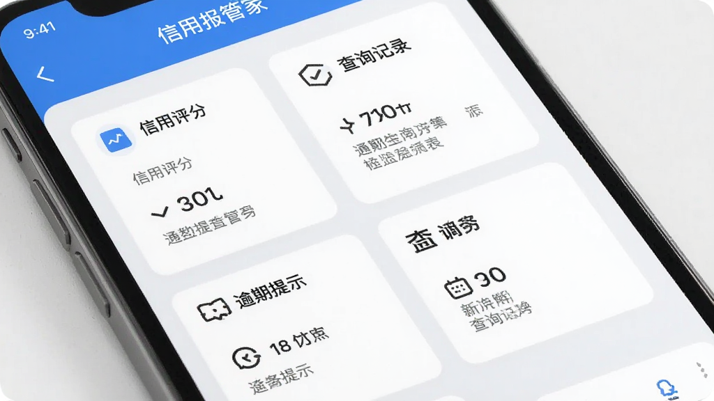 手机屏幕展示报告管家应用中的信用报告解读页面,页面以卡片形式排列信用评分、逾期提示、查询记录等模块,每张卡片配有简洁图标和通俗文字说明,整体配色为蓝白灰,风格清新专业,布局整齐,画质高清干净