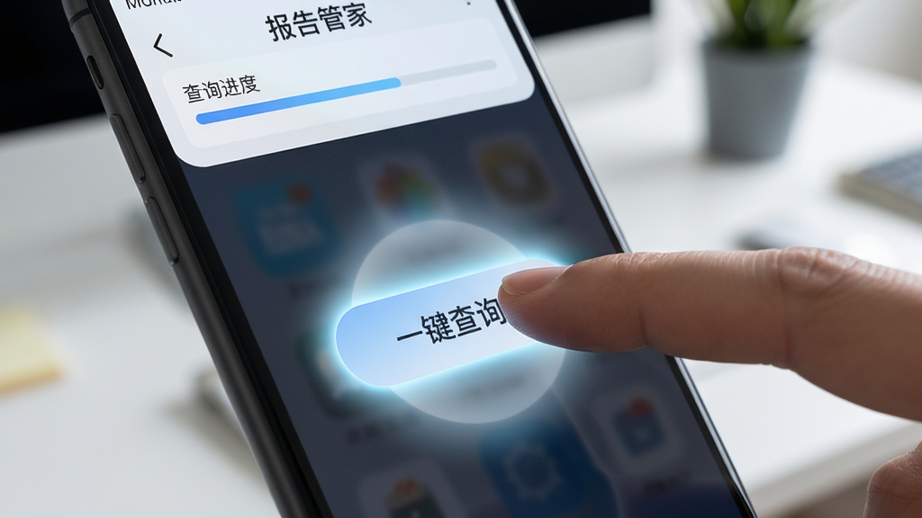一部手机屏幕特写,画面中显示报告管家应用的一键查询按钮被手指轻触的瞬间,按钮周围有淡蓝色光晕反馈,屏幕上方显示查询进度条,背景为虚化的办公桌面环境,风格科技简洁,画质清晰干净,无多余装饰