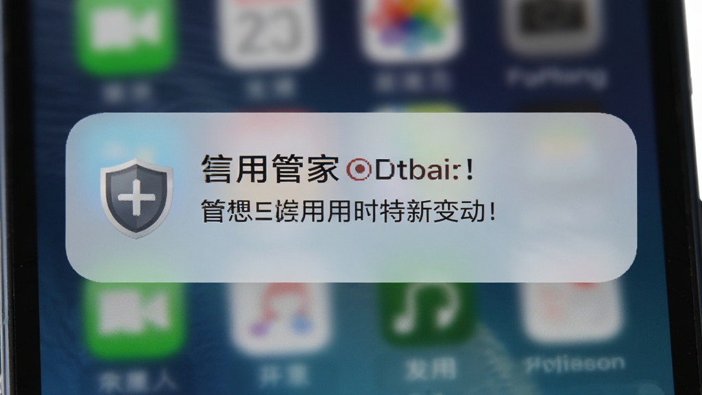 手机屏幕弹出报告管家应用的提醒通知弹窗,弹窗内显示信用报告有新变动的警示信息,配有盾牌安全图标,背景为手机主屏幕虚化效果,风格醒目而不刺眼,细节清晰,画质干净,无杂乱元素