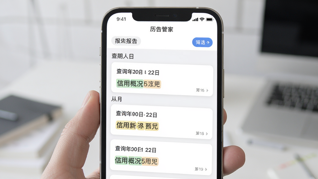 手机屏幕展示报告管家应用的历史报告列表页面,列表按月份分组排列多份报告卡片,每张卡片显示查询日期和信用概况标签,页面顶部有筛选按钮,整体风格简约商务,排版规整,画质清晰干净