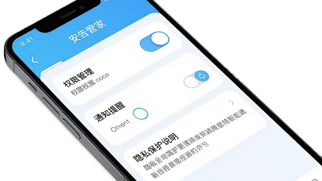 一部手机屏幕展示报告管家应用的安全设置页面,页面内有权限管理开关、通知提醒选项和隐私保护说明,界面风格简洁清爽,配色以白色和浅蓝色为主,布局清晰,画质干净高清,无多余元素
