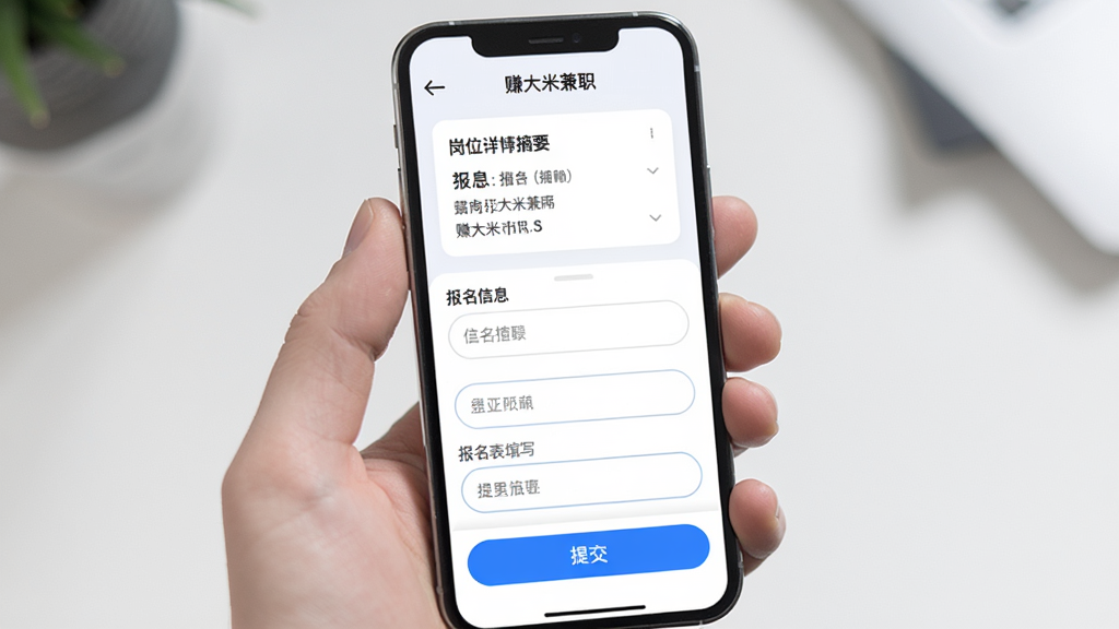 主体是手机屏幕展示“赚大米兼职”报名确认页面,布局为上下结构,上方是岗位详情摘要卡片,中间是报名信息填写表单,下方是提交按钮,排版清晰有序,风格为简洁商务的UI设计,细节包括表单输入框的圆角处理、按钮的醒目配色、顶部返回箭头,画质为高清、干净、无多余装饰