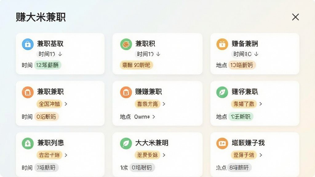 画面主体是“赚大米兼职”软件的信息流界面,布局采用瀑布流卡片式排列,每张卡片展示不同的兼职岗位名称和薪酬标签,排版上卡片整齐对齐、间距均匀,风格为清新明快的互联网产品视觉,细节包括卡片上的小图标区分任务类型、时间标签、地点标签,背景为浅色渐变,画质为高清、干净、无杂乱元素