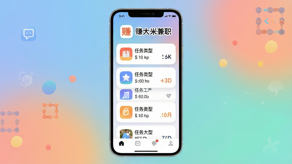 主体是一个竖屏手机界面展示兼职任务列表,布局为居中构图,上方是软件名称“赚大米兼职”的logo和标题,中间是整齐排列的任务卡片,每张卡片包含任务类型图标和报酬数字,下方是底部导航栏,风格为现代简约扁平化设计,细节包括柔和的渐变背景色、圆角卡片、清晰的文字层级,画质为高清2K、干净清爽、无多余装饰元素