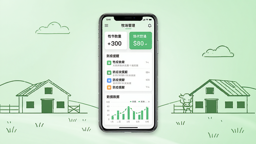 路安牧通软件主界面展示,画面中央是一部智能手机,屏幕显示牧场管理仪表盘,包含牲畜数量卡片、防疫提醒列表与数据图表,背景为干净的浅绿色渐变,周围点缀简约的牛舍与草地线条插画,整体风格清爽现代,排版居中对称,画质清晰干净,无多余装饰元素