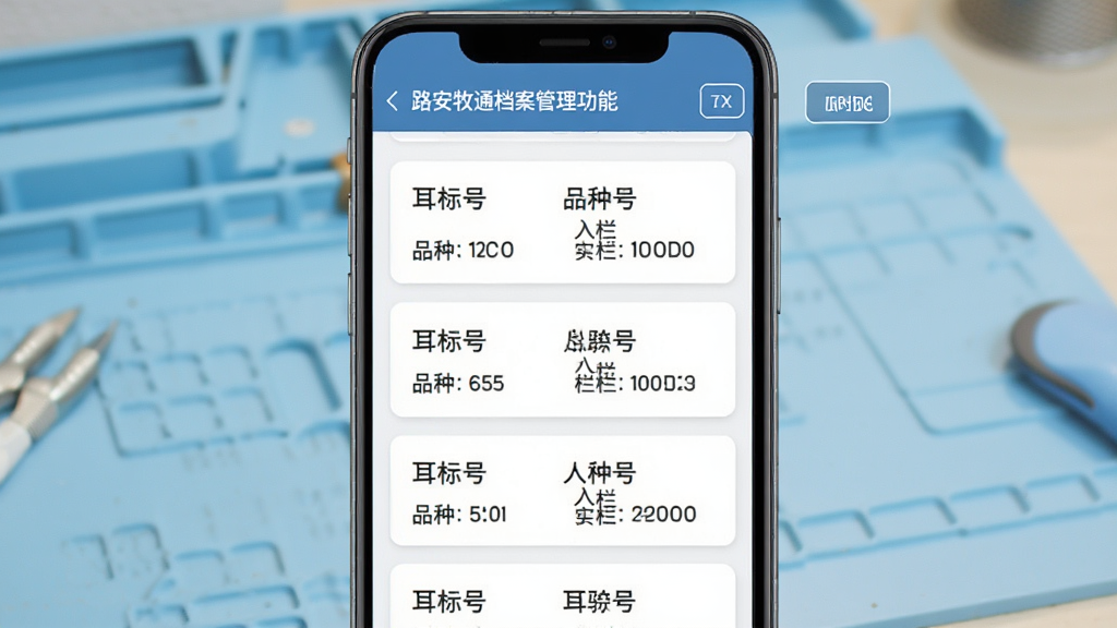 路安牧通档案管理功能界面,手机屏幕展示牲畜档案卡片列表,每张卡片包含耳标号、品种、入栏日期等信息,右侧有筛选按钮,背景为浅蓝色工作台场景,风格简洁商务,排版整齐,画质干净清晰