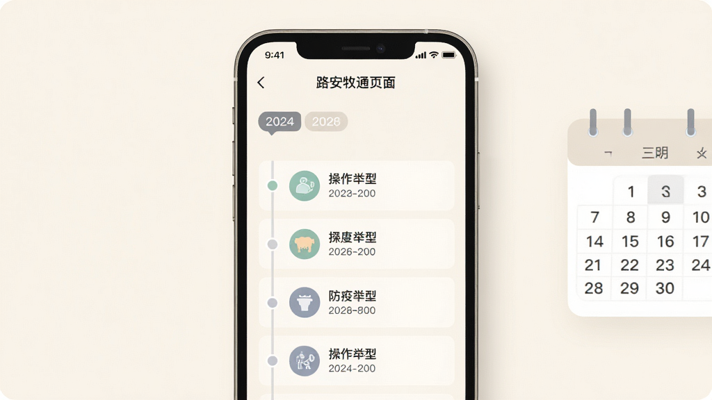 路安牧通防疫记录页面,手机屏幕显示时间轴形式的防疫事件列表,包含日期标签与操作类型图标,背景为柔和米白色,画面右侧有简洁的日历元素点缀,风格清新浅色,排版纵向排列,画质细腻干净