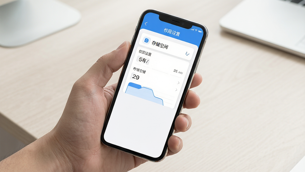 路安牧通移动端操作示意图,画面展示一只手握持手机,屏幕显示权限设置与存储空间界面,背景为简洁的浅色桌面,风格写实清晰,排版突出手机屏幕内容,画质干净无杂乱