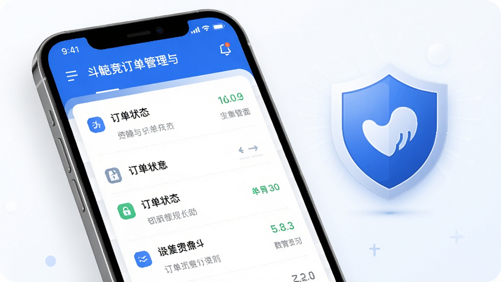 斗鲸电竞订单管理与安全保障界面展示图,画面为手机屏幕呈现订单状态列表与安全盾牌图标,界面配色以蓝白为主,布局规整,风格商务简约,细节清晰,画质高清,画面干净,无多余元素